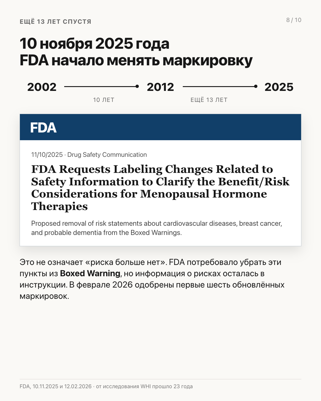 Слайд 8 карусели об исследовании WHI и гормональной терапии